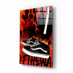 Vans glass wall art displayed above a sectional in a teen lounge with skater pulse