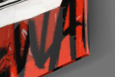 Skate sneaker artwork anchoring a wall with vermilion-and-onyx palette
