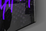 Basketball legend artwork anchoring a wall with violet-and-onyx palette