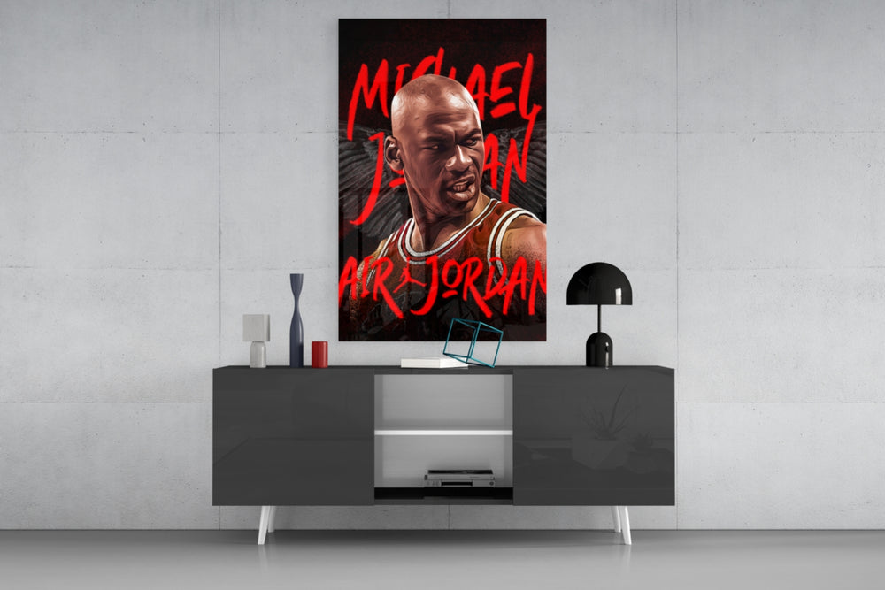 Jordan panel catching lamp light to reveal its roaring poster