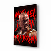 Michael Jordan glass wall art displayed above a leather sofa in a man cave with championship pulse