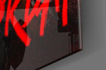 Basketball legend artwork anchoring a wall with scarlet-and-onyx palette