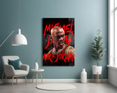 Michael Jordan glass wall art styled above a console in a teen lounge