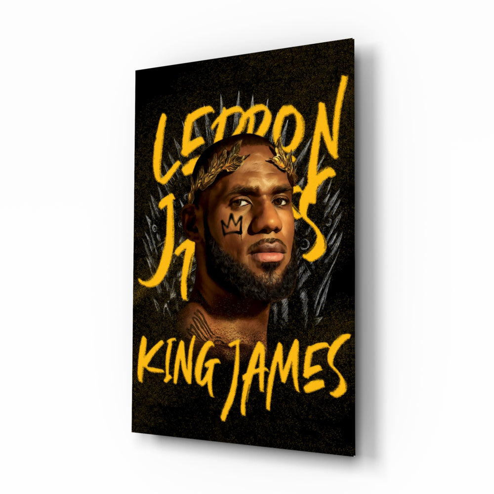 LeBron James glass wall art displayed above a leather sofa in a man cave with championship pulse