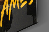 Basketball king artwork anchoring a wall with gold-and-onyx palette
