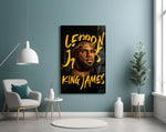 King James glass wall art styled above a console in a teen lounge