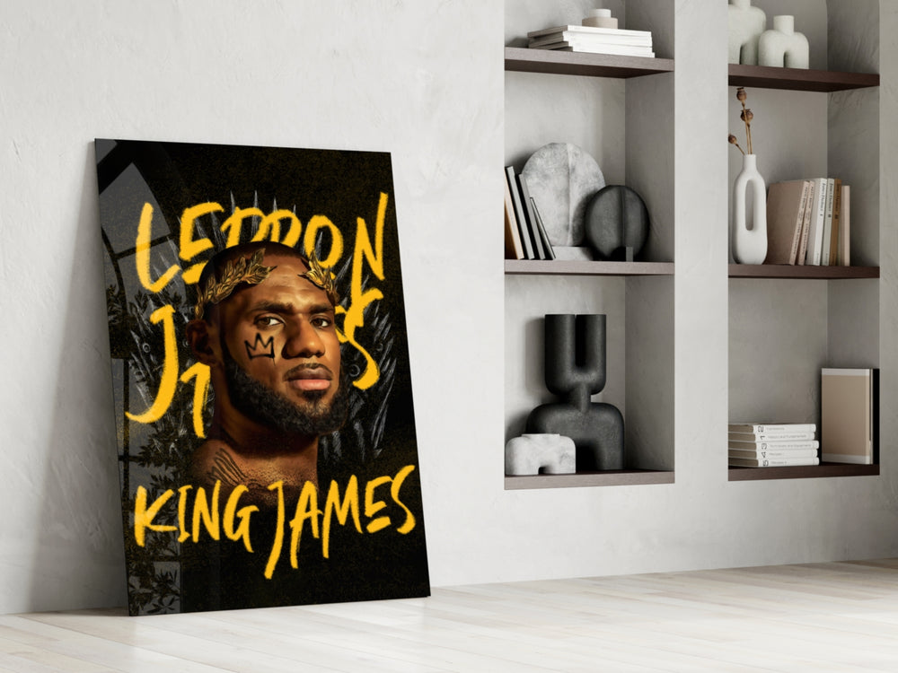 LeBron James glass print enhancing a hallway with athletic palette
