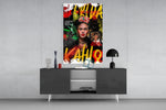 Frida panel catching lamp light to reveal its muse-poster collage