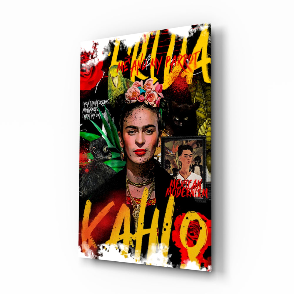 Frida Kahlo glass wall art displayed above a workbench in a bohemian creative studio