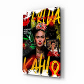 Frida Kahlo glass wall art displayed above a workbench in a bohemian creative studio