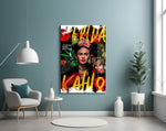 Frida Kahlo glass wall art styled above a velvet bench in a boutique