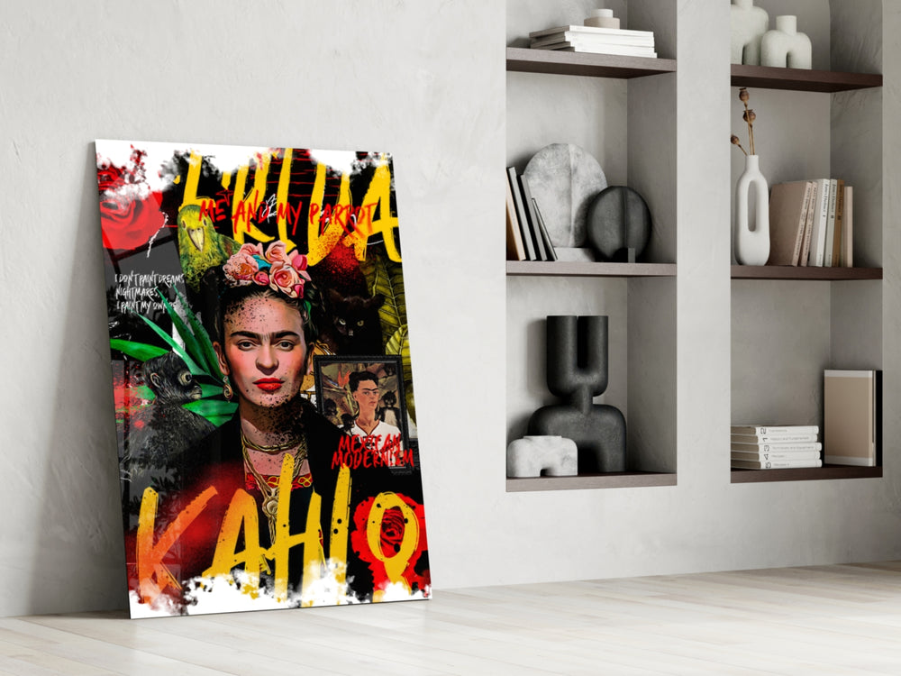 Frida Kahlo glass print enhancing a salon with art-history palette