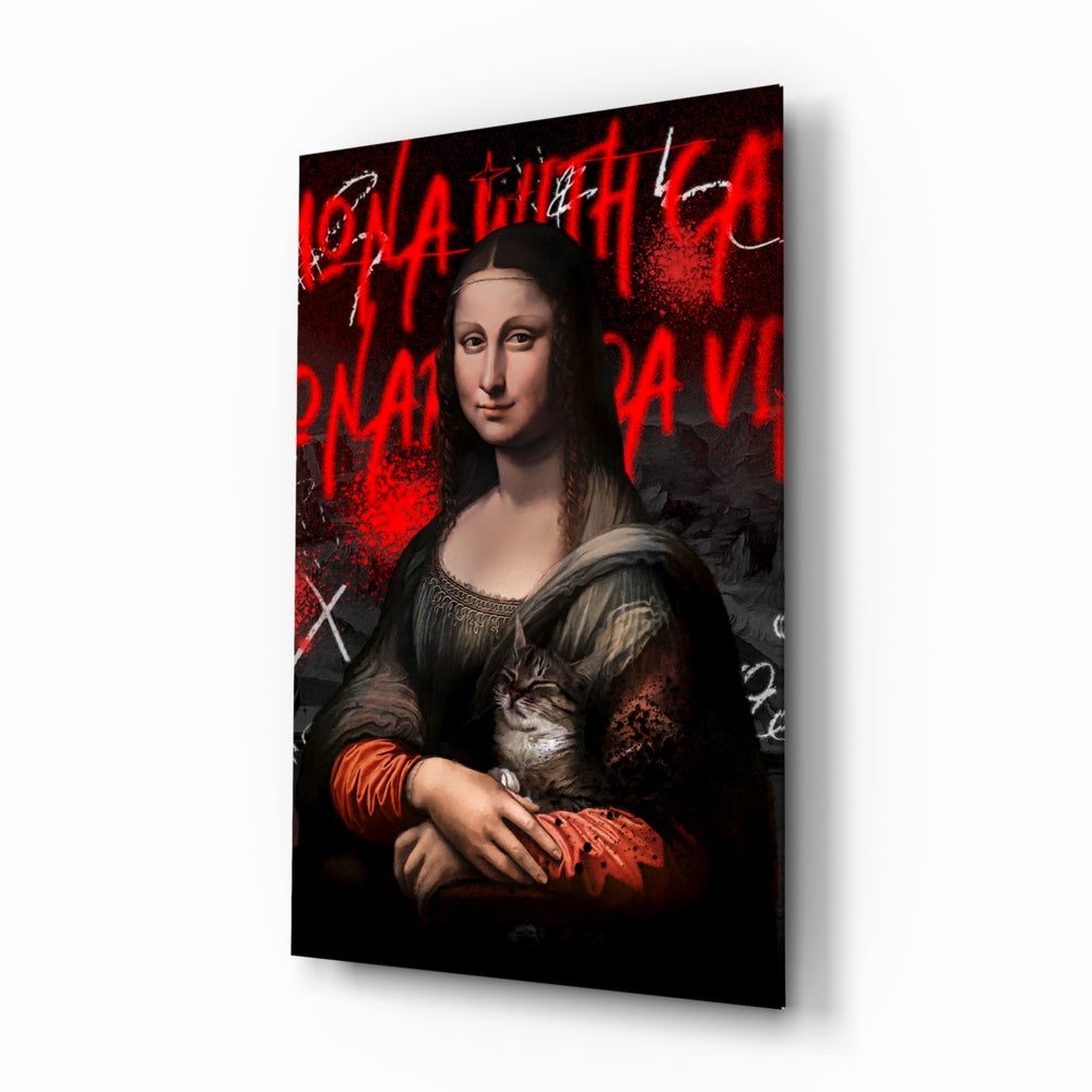 Mona Lisa glass wall art displayed above a velvet bench in a literary reading nook