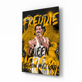 Freddie Mercury glass wall art displayed above a turntable in a music room with stadium pulse