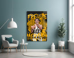 Freddie Mercury glass wall art styled above a console in a teen lounge