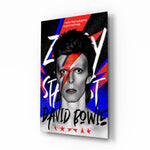 David Bowie glass wall art displayed above a turntable in a music room with stadium pulse