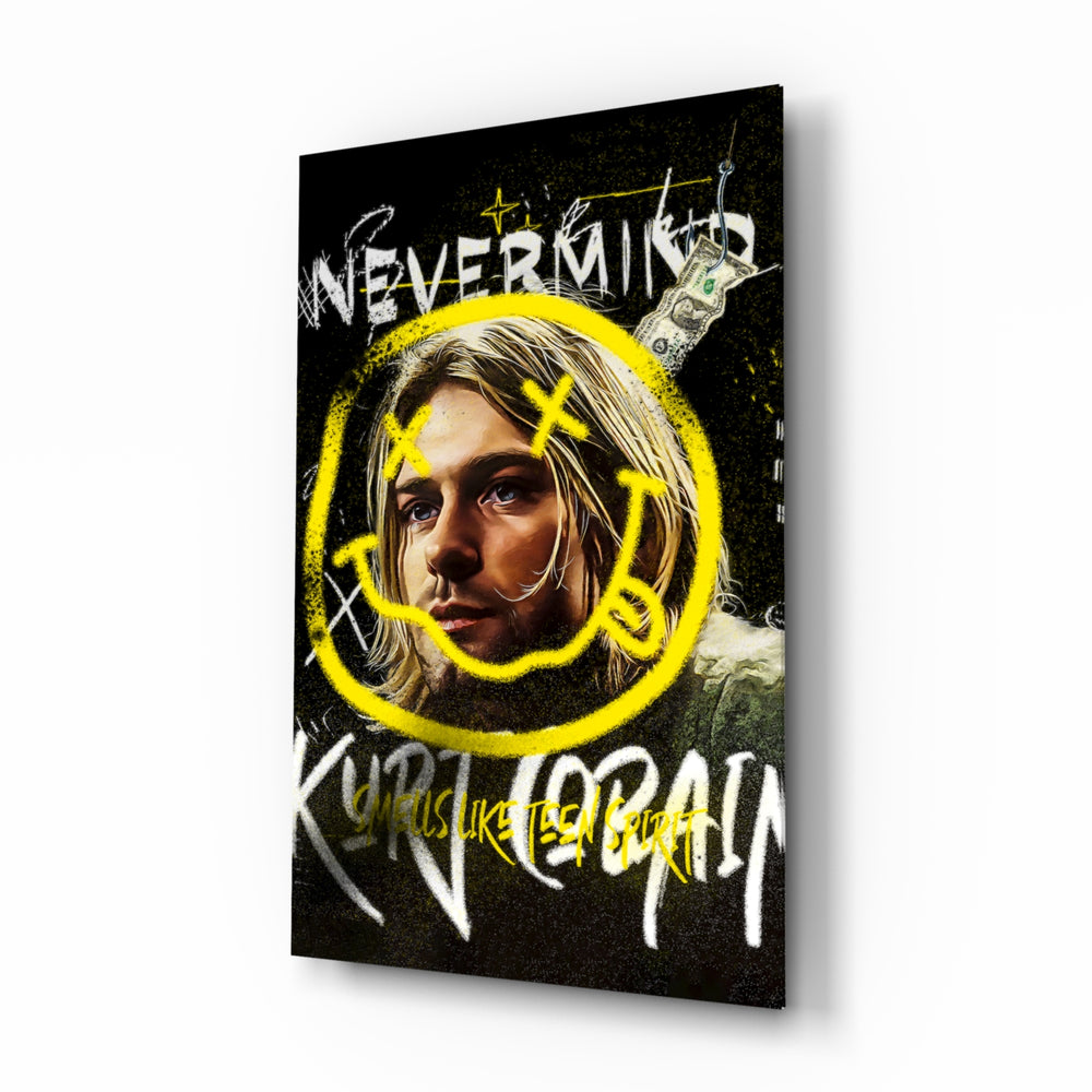 Kurt Cobain glass wall art displayed above a turntable in a music room with grunge pulse
