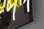 Grunge artwork anchoring a wall with sulfur-and-onyx palette