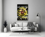 Cobain close-up showing yellow Nirvana smiley over portrait with Nevermind tag