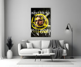 Cobain close-up showing yellow Nirvana smiley over portrait with Nevermind tag