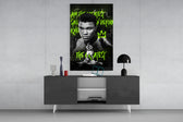 Ali panel catching lamp light to reveal its champion poster