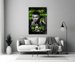 Ali close-up showing fixed gaze and 'I am the Greatest' chartreuse graffiti