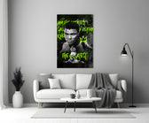 Ali close-up showing fixed gaze and 'I am the Greatest' chartreuse graffiti