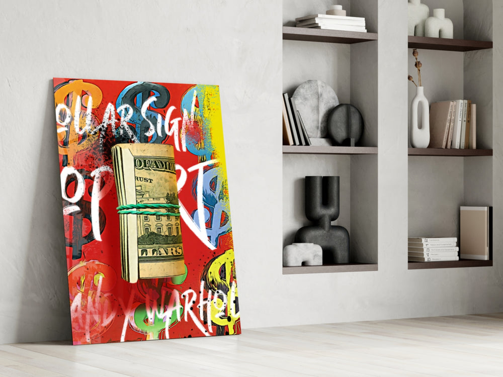 Andy Warhol Bankroll glass print enhancing a startup lounge with pop-art palette