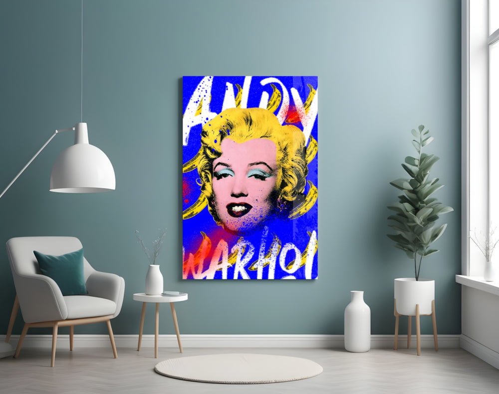 Warhol Marilyn glass wall art styled above a console in a hypebeast wall