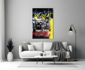 Warhol-Basquiat boxing close-up showing trunks, gloves and pop-Marilyn inset