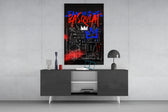 Basquiat-style panel catching lamp light to reveal its street swagger