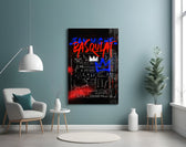 Basquiat-style glass wall art styled above a console in a hypebeast wall