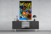 Basquiat-style panel catching lamp light to reveal its street fury
