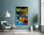 Basquiat-style glass wall art styled above a console in a hypebeast wall