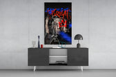 Basquiat-style panel catching lamp light to reveal its painterly tension