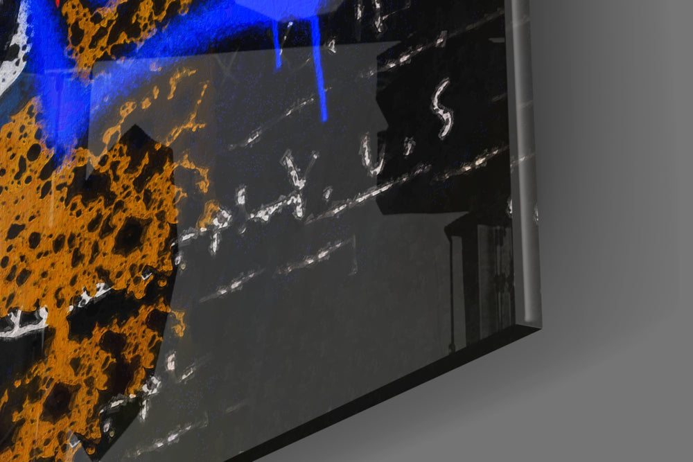 Chrome-skull artwork anchoring a wall with cobalt-and-ochre palette