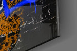 Chrome-skull artwork anchoring a wall with cobalt-and-ochre palette