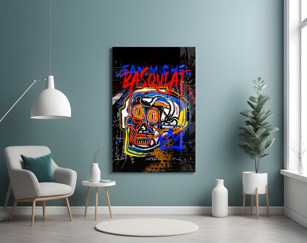 Basquiat-style glass wall art styled above a console in a hypebeast wall