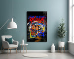 Basquiat-style glass wall art styled above a console in a hypebeast wall