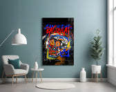 Basquiat-style glass wall art styled above a console in a hypebeast wall