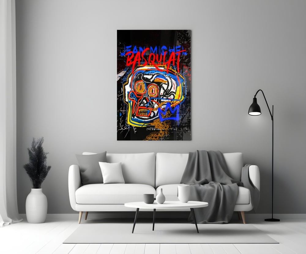Basquiat tribute close-up showing colorful skull face and bared red-orange teeth