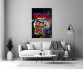 Basquiat tribute close-up showing colorful skull face and bared red-orange teeth