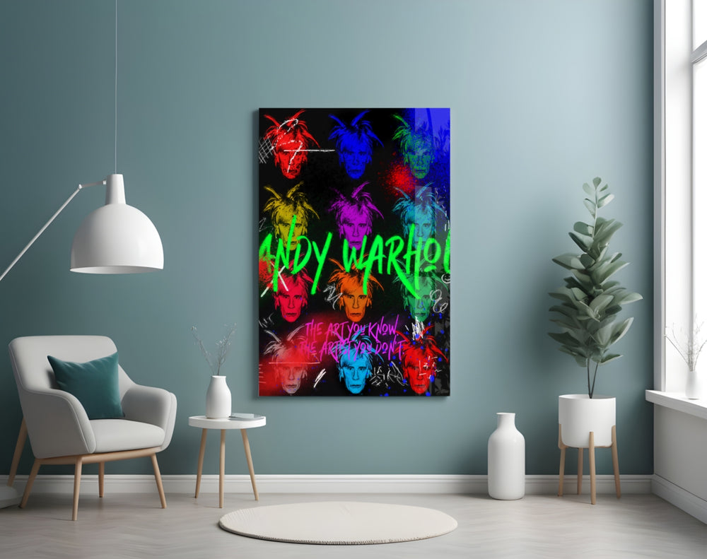 Andy Warhol glass wall art styled above a console in a hypebeast wall