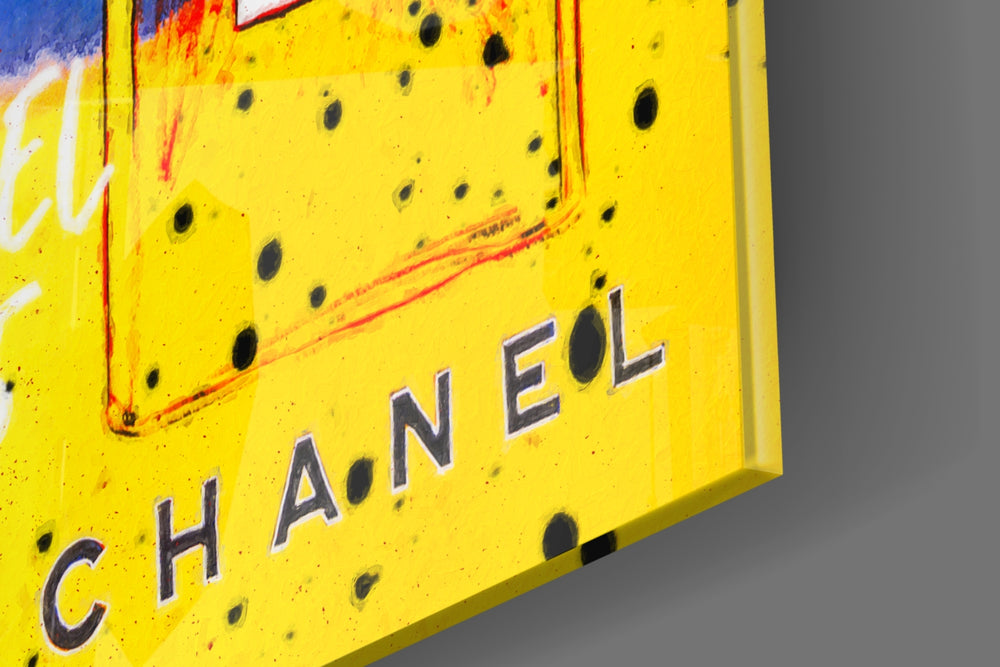Luxury-icon artwork anchoring a wall with sapphire-and-saffron palette