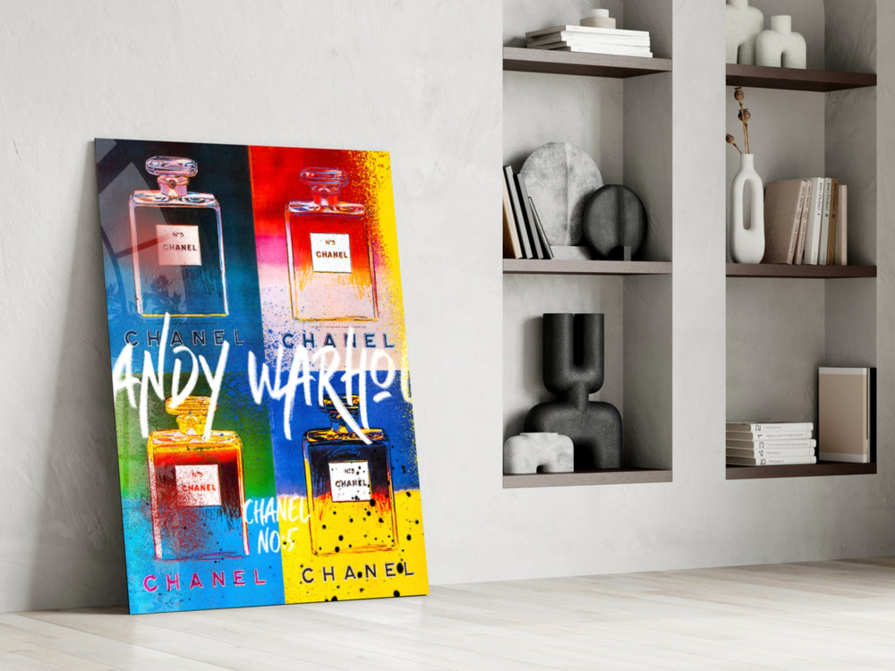 Andy Warhol Chanel glass print enhancing a vanity nook with pop-art palette