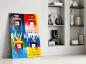 Andy Warhol Chanel glass print enhancing a vanity nook with pop-art palette
