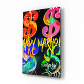 Andy Warhol Dollar glass wall art displayed above a desk in a contemporary home office