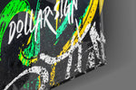 Multi-dollar artwork anchoring a wall with neon-and-onyx palette