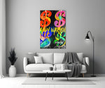 Multi-dollar close-up showing neon strokes in pop-art repeat on black ground