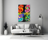 Multi-dollar close-up showing neon strokes in pop-art repeat on black ground